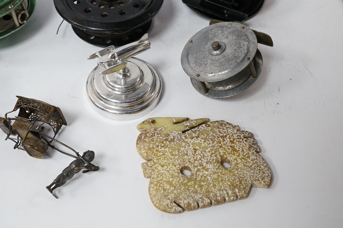 Sundry items comprising five fishing reels, a Chinese silver sedan chair and a Chinese jade comb. Condition - mostly fair